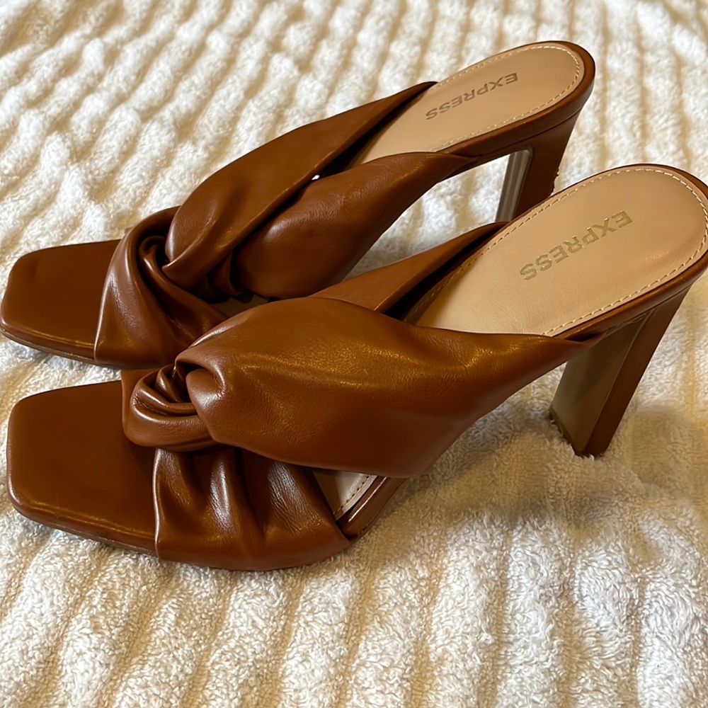 Express Twisted Square Toe Heeled Sandals, Size 10, Brown